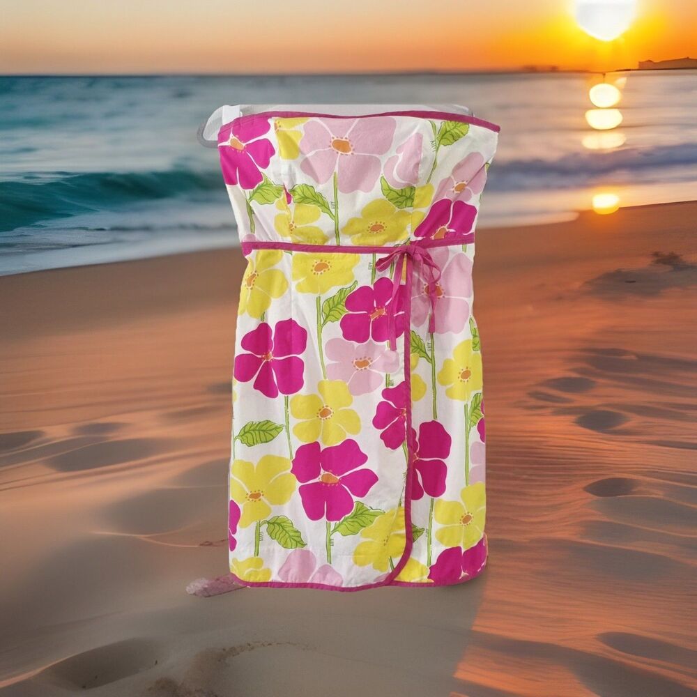 Vintage Lilly Pulitzer Dress Strapless Pink Floral Wrap Lined Size 0 White Tag